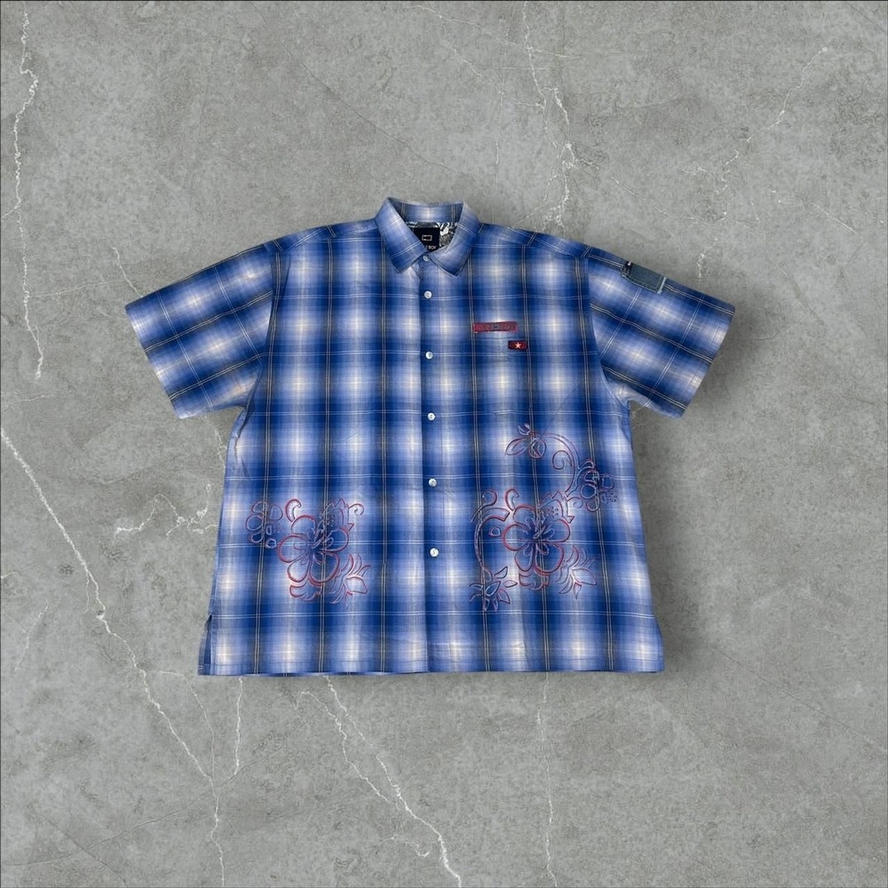 Vintage Bugle Boy Button Up Shirt Mens XL‎ Blue White Embroidered Flower Y2K